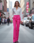 Flower Micro Pants for Women – High-Waisted Long Pants with Floral Decor – White & Pink Polyester Blend