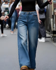 Women’s Rivet High-Waist Wide-Leg Jeans – 90% Cotton Baggy Fit (Blue)
