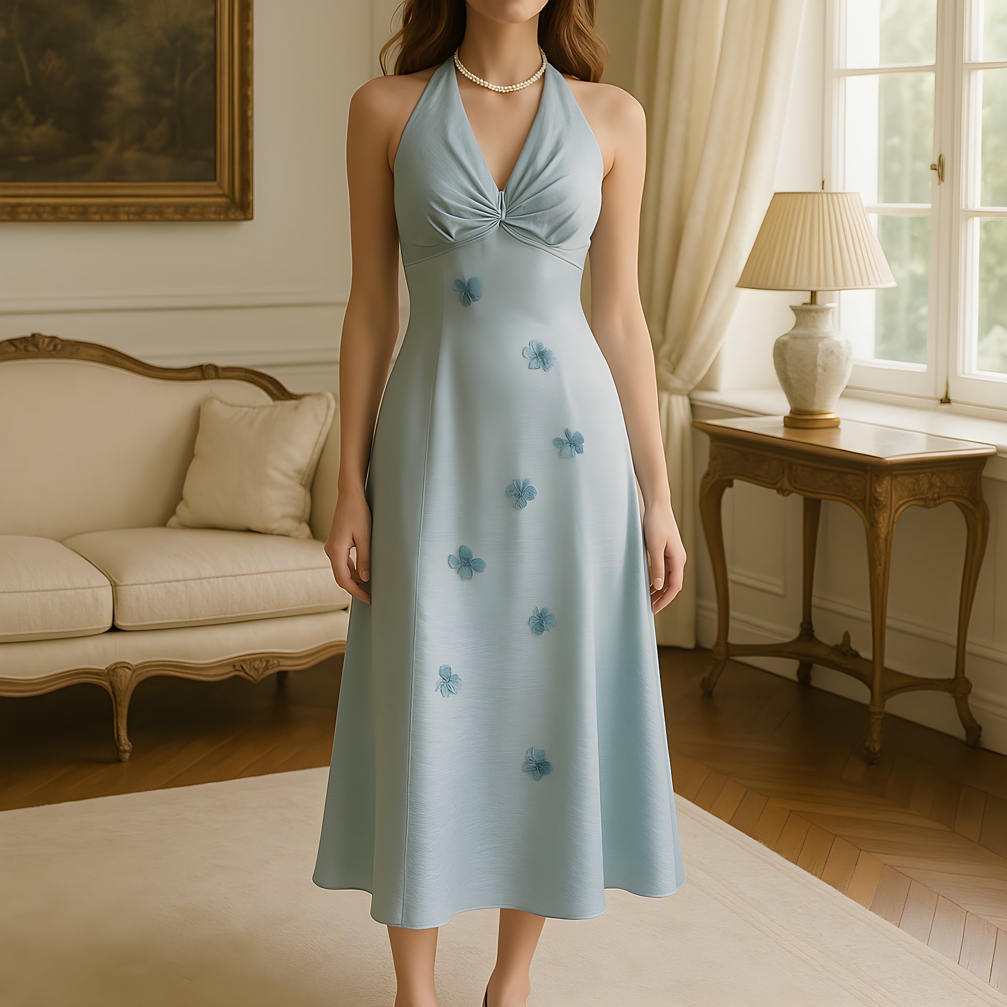 Women's French Vacation Halter Dress - Glacier Blue Floral A-Line Maxi Dress (Sleeveless, Polyester, Mid Waist)