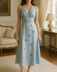 Neckholder-Kleid im französischen Urlaubsstil für Damen – Gletscherblaues Maxikleid mit Blumenmuster in A-Linie (ärmellos, Polyester, mittlere Taille)