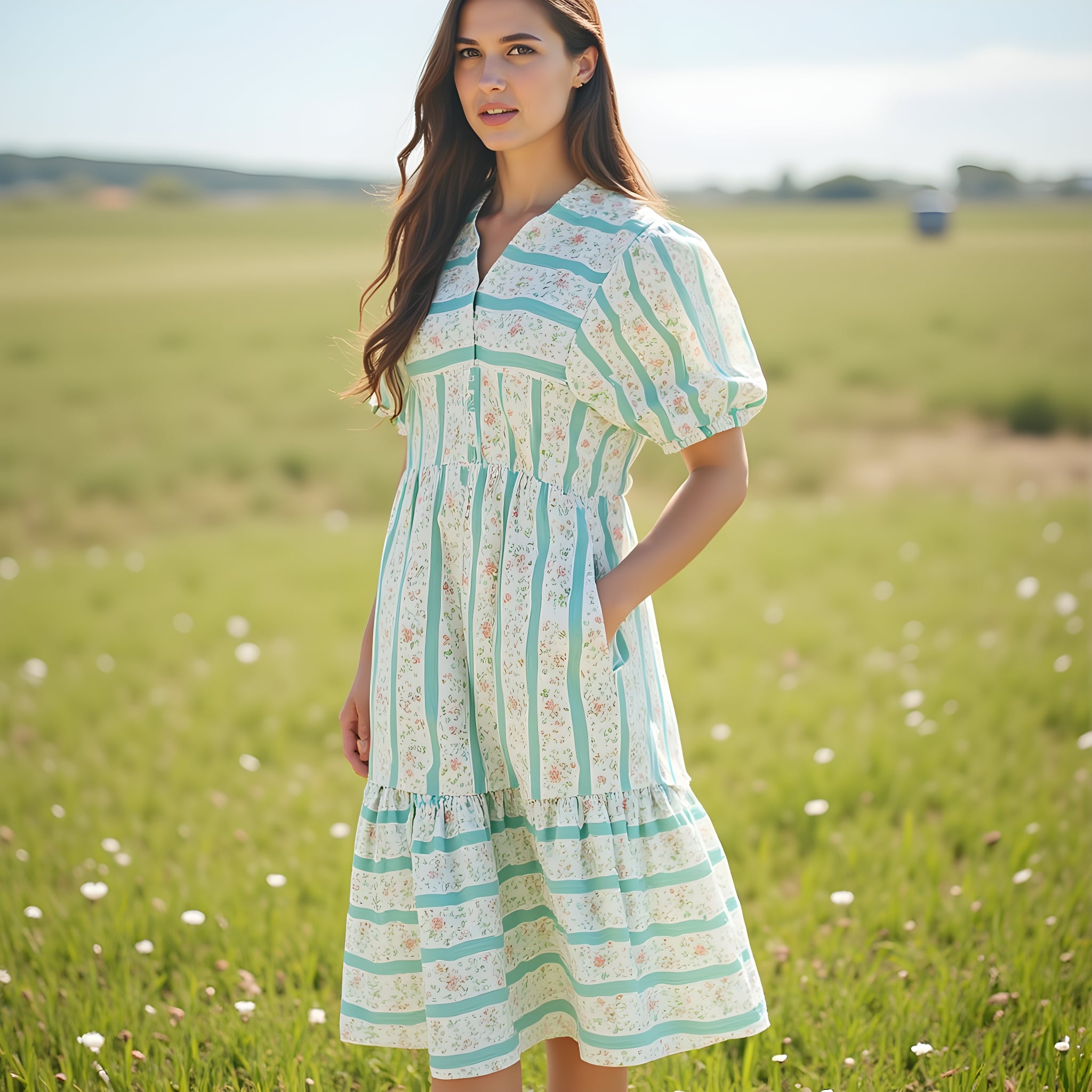 Women's Striped & Plaid Long Dress - Loose Slim Fit High Waist Puff Sleeve Maxi Dress (Polyester, S-XL)