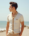 Men's Striped Knit Shirt - Army Green & Khaki Short Sleeve Top - Breathable Polyester Streetwear Tee (S-XXL)