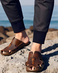🐙 Men’s Leather Octopus Slippers - Closed-Toe Outdoor Comfort (Brown/Black/Red)