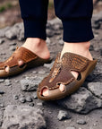 🐙 Men’s Leather Octopus Slippers - Closed-Toe Outdoor Comfort (Brown/Black/Red)