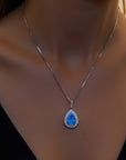 💎 Ozeanblaue Saphir-Wassertropfen-Halskette für Damen – Handgefertigte Schlüsselbeinkette mit Moissanit-Anhänger