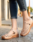 Women’s Retro Cowhide Sandals – Hollow-Toe Slope Heel (Dark Brown/Guest Brown)