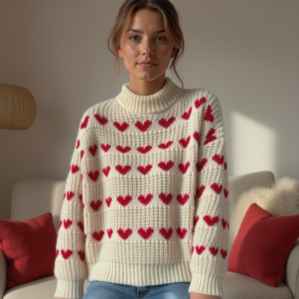 Lockerer Jacquard-Pullover mit Herzmuster