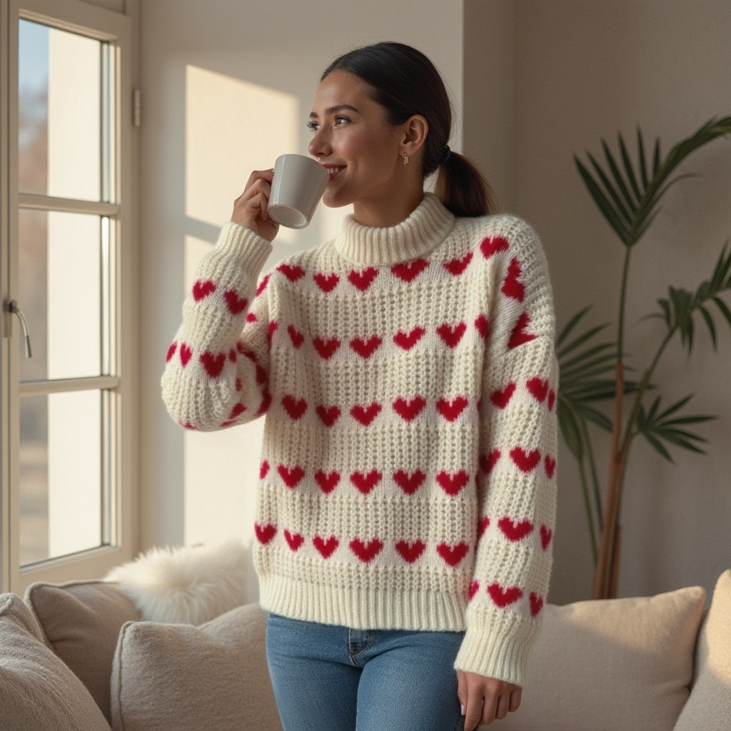 Lockerer Jacquard-Pullover mit Herzmuster
