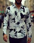 Men’s Floral Print Long Sleeve Shirt – Slim Fit (White/Black, Polyester Blend)