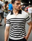 Men’s Slim-Fit Lyocell Polo Shirt – Lapel Collar (Apricot Coffee/Black & White Stripe)