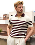 Men’s Slim-Fit Lyocell Polo Shirt – Lapel Collar (Apricot Coffee/Black & White Stripe)
