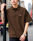 Übergroßes schweres Herren-T-Shirt – locker sitzendes T-Shirt aus Baumwollmischung mit Buchstabenstickerei (Dunkelbraun/Weiß/Grau) – amerikanischer Retro-Stil (M-4XL)
