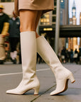 Ritterstiefel aus echtem Leder für Damen – klobige Stiefel mit mittelhohem Absatz – hohe Stiefel bis unters Knie (35–40 cm Höhe)