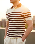 Men’s Slim-Fit Lyocell Polo Shirt – Lapel Collar (Apricot Coffee/Black & White Stripe)