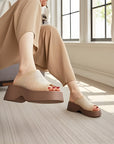 🔥 Women's Handmade First-Layer Cowhide Slippers – Luxury Fish Mouth Toe Design (Apricot/Brown) – Unlined Leather Comfort