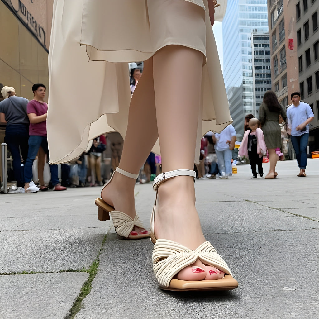 🔥 Chaussons à talons hauts et bout ouvert pour femmes – Sandales à boucle chic (argent/marron/blanc) – Semelle en caoutchouc brut confortable