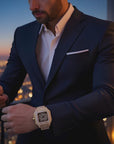 Men’s Square Skeleton Watch – Full Diamond Quartz (Gold/Silver, 44mm)