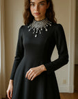 Women’s Handmade Rhinestone Stand-Up Collar Dress – Elegant Long-Sleeve Cinched Fit Design