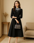 Women’s Handmade Rhinestone Stand-Up Collar Dress – Elegant Long-Sleeve Cinched Fit Design