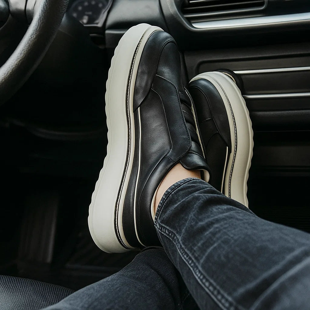 Men’s Breathable Slip-On Sneakers – Simple All-Match Cowhide Platform Casual Shoes
