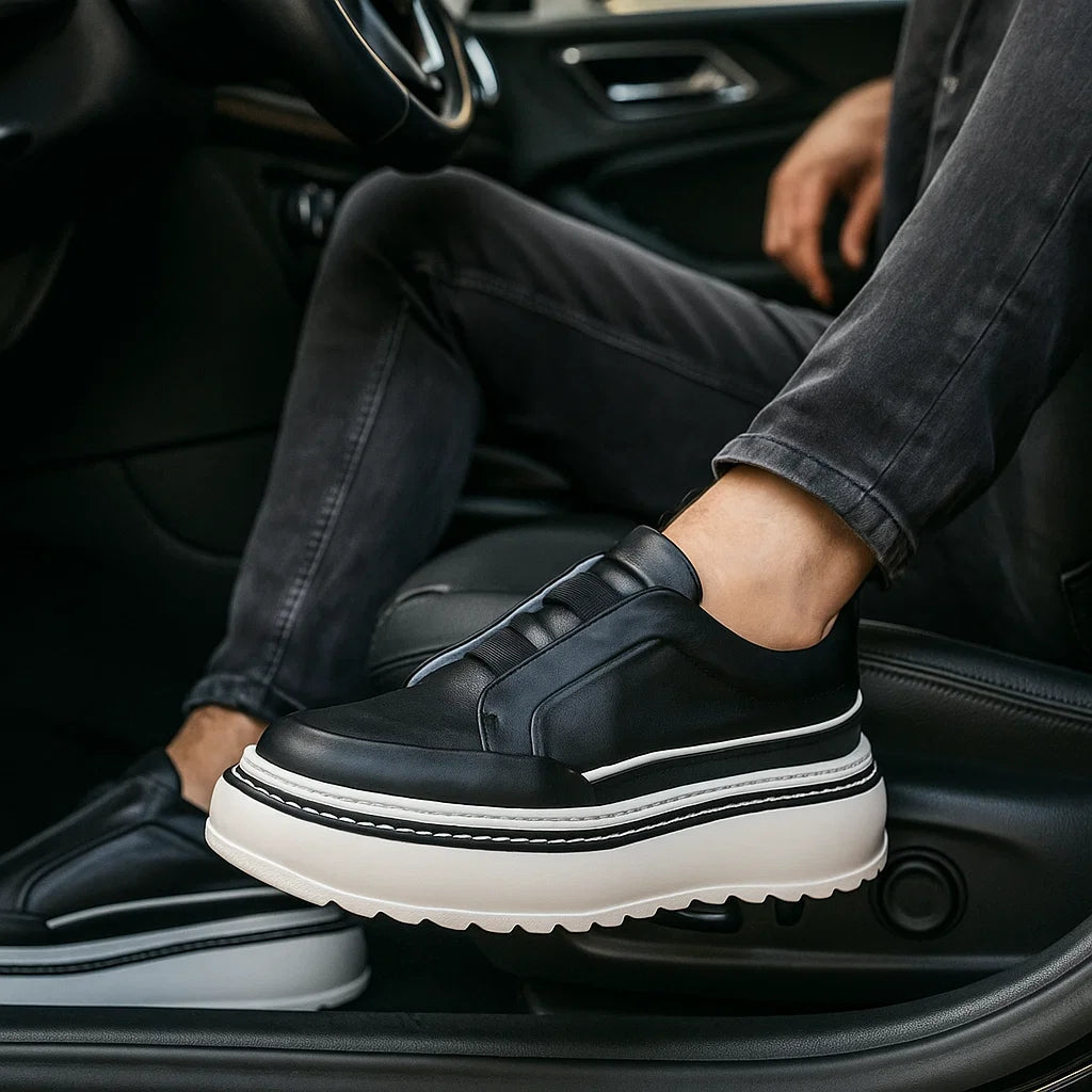 Men’s Breathable Slip-On Sneakers – Simple All-Match Cowhide Platform Casual Shoes