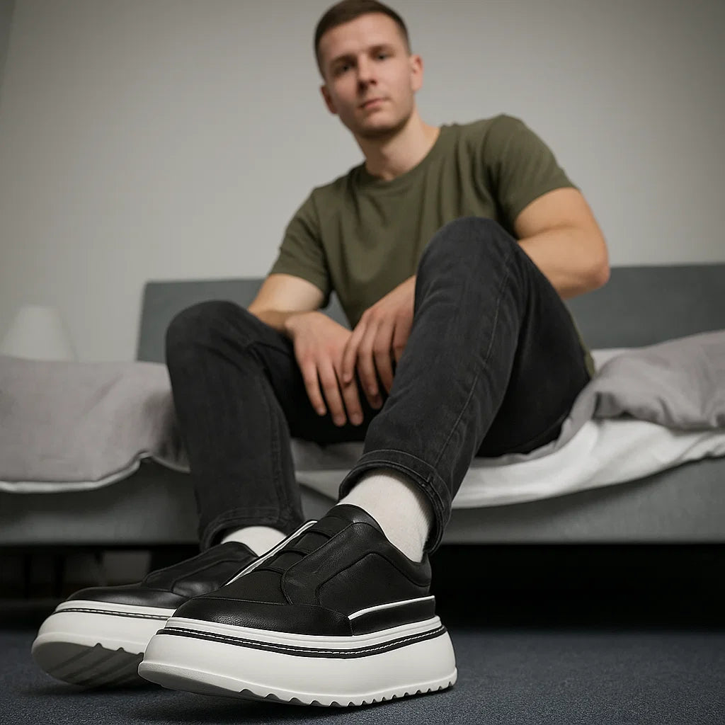 Men’s Breathable Slip-On Sneakers – Simple All-Match Cowhide Platform Casual Shoes