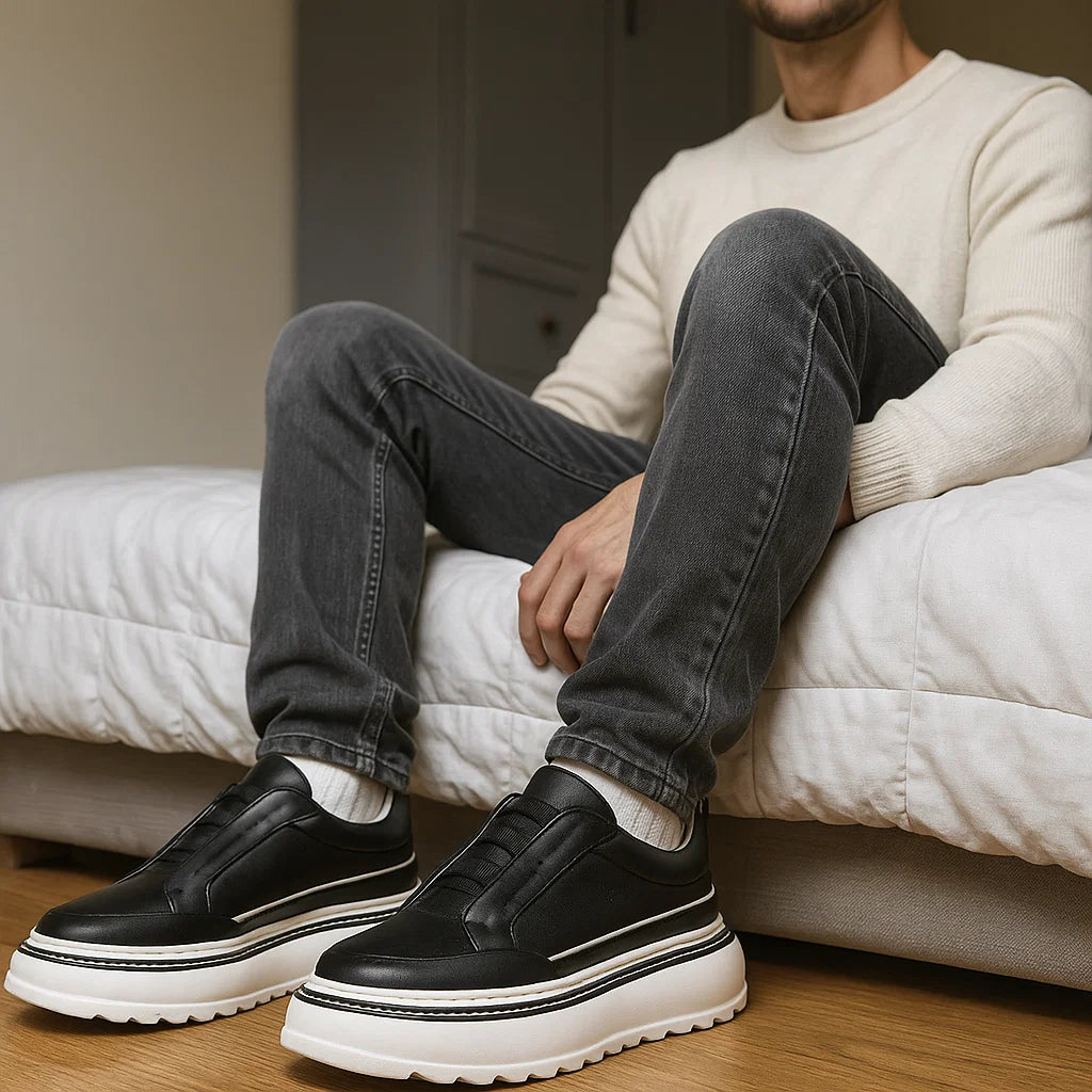 Men’s Breathable Slip-On Sneakers – Simple All-Match Cowhide Platform Casual Shoes