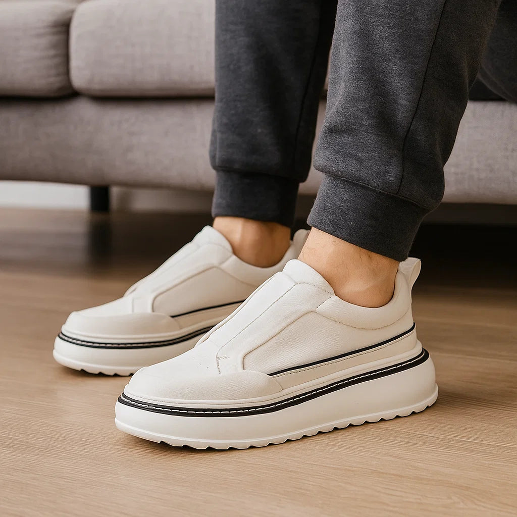 Men’s Breathable Slip-On Sneakers – Simple All-Match Cowhide Platform Casual Shoes