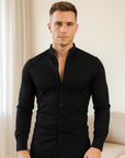 Men’s Solid Color Stand-Up Collar Shirt – British Style Slim-Fit Long Sleeve Top