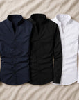 Men’s Solid Color Stand-Up Collar Shirt – British Style Slim-Fit Long Sleeve Top