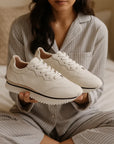 Women’s Sheepskin Leather Running Sneakers – Lace-Up Flat Low-Heel Trainers