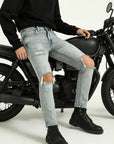 Men High Street Style Light Blue Ripped Jeans – Mid-Waist Distressed Cone-Leg Denim Pants