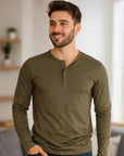 Men’s Winter Long-Sleeve Henley T-Shirt – Bamboo Cotton Blend Solid Color Casual Top