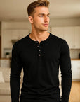 Men’s Winter Long-Sleeve Henley T-Shirt – Bamboo Cotton Blend Solid Color Casual Top