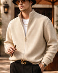 Men’s Vintage Knitwear Cardigan Sweater – Heavyweight Retro Zip-Up with Stand Collar