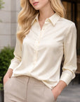 Women’s Luxury REAL Mulberry Silk Square-Collar Blouse – Slim Fit, Breathable, Elegant Office Essential