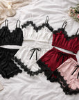 Women Lace Lingerie Top and Shorts Set – Elegant V-Neck Sleeveless Piece Bra, Panties & Garter Sleepwear