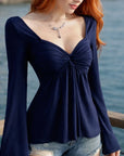 Women Elegant V-Neck Long Sleeve T-Shirt – Pleated Flared Sleeve Brushed Milk Silk Autumn Top