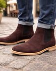 Men Genuine Cow Suede Chelsea Boots – British Style Slip-On Mid-Calf Boots with Chunky Heel