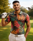 Men Golf Print Short-Sleeved Polo Shirt – Breathable Cotton Spandex Floral Performance Golf Top