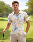 Men Golf Print Short-Sleeved Polo Shirt – Breathable Cotton Spandex Floral Performance Golf Top