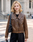 Women Short Goatskin Leather Jacket – Genuine Sheepskin Lapel Single-Breasted Urban Cropped Coat
