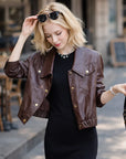 Women Short Goatskin Leather Jacket – Genuine Sheepskin Lapel Single-Breasted Urban Cropped Coat