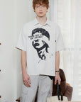 American Portrait Printing Texture Loose Short Sleeve Shirt men