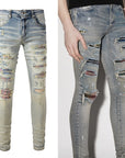 Iridescence Printed Patch Worn Baby Blue Jeans Male