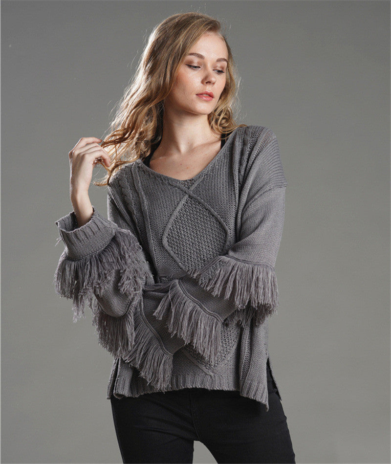 Loose Sweater Women Tassel Pure Color