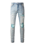 Baby Blue Wash Water Worn Patch Torn Jeans Male