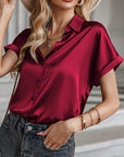 Lapel Button Short Sleeve Shirt Summer Casual Loose Solid Color Beach Top For Womens Clothing