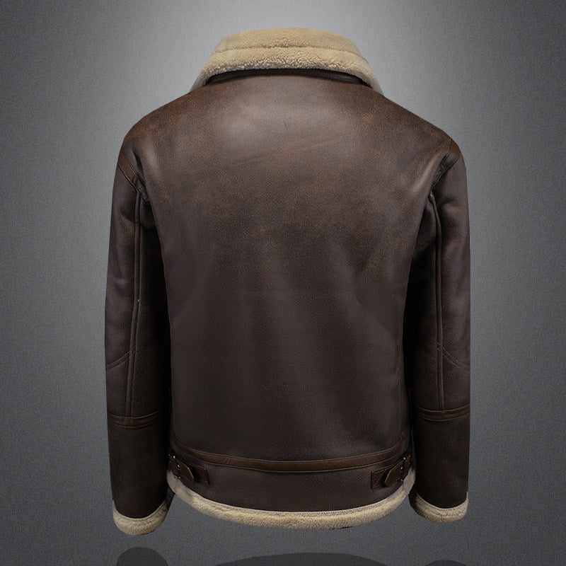 Men’s Leather Fur Lapel Jacket – Thickened Winter Warm Zipper Coat with Side Pockets Loose Fit