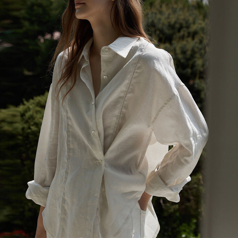 Linen Shirt French Hollow Embroidered Loose Long Sleeve Blouse WOMEN